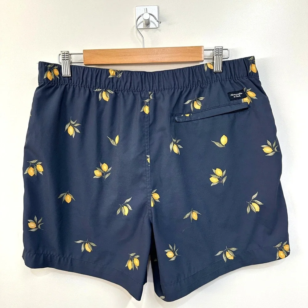 Abercrombie & Fitch Mens‎ Navy Lemon Print Swim Trunks Large Stretch Mesh Liner